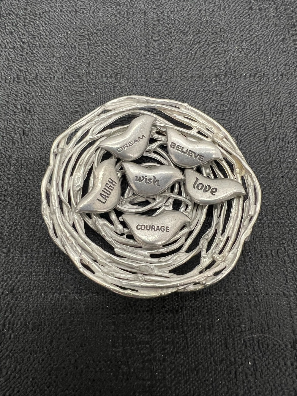 Silver metal wishnet bird nest with 6 bird-shaped charms